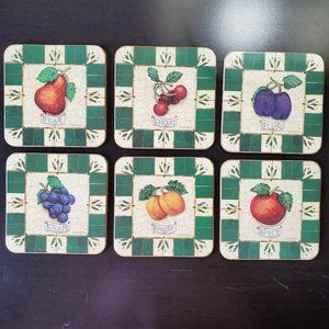 Pimpernel Coasters, set of 6, Cork Backed, Fruit Medley, Apple Cherry Grape Pear